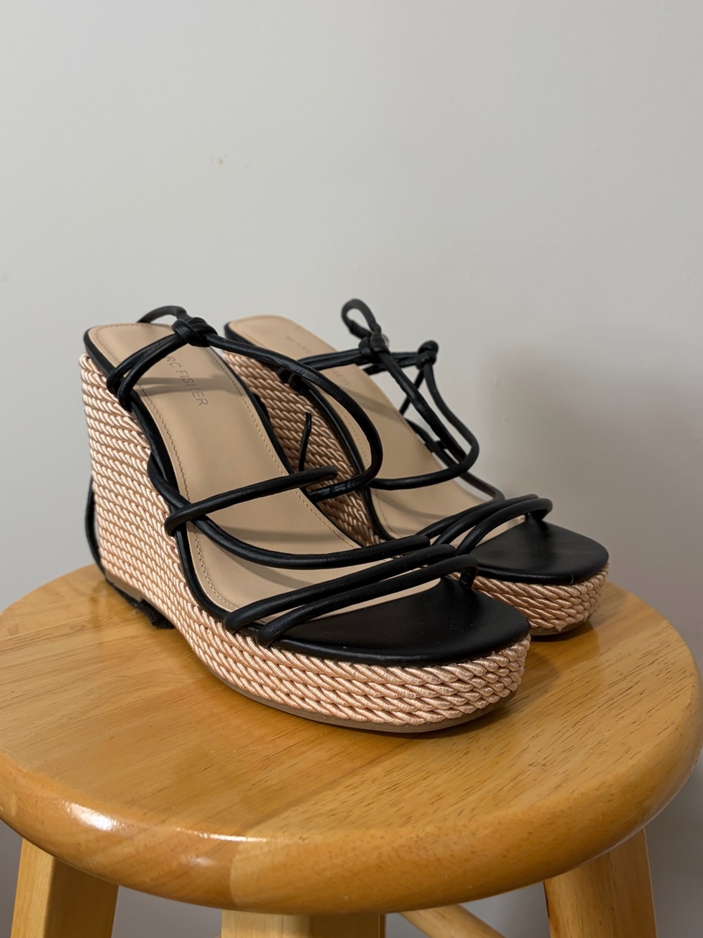 Strappy Black & Natural Wedge Sandals Marc Fisher